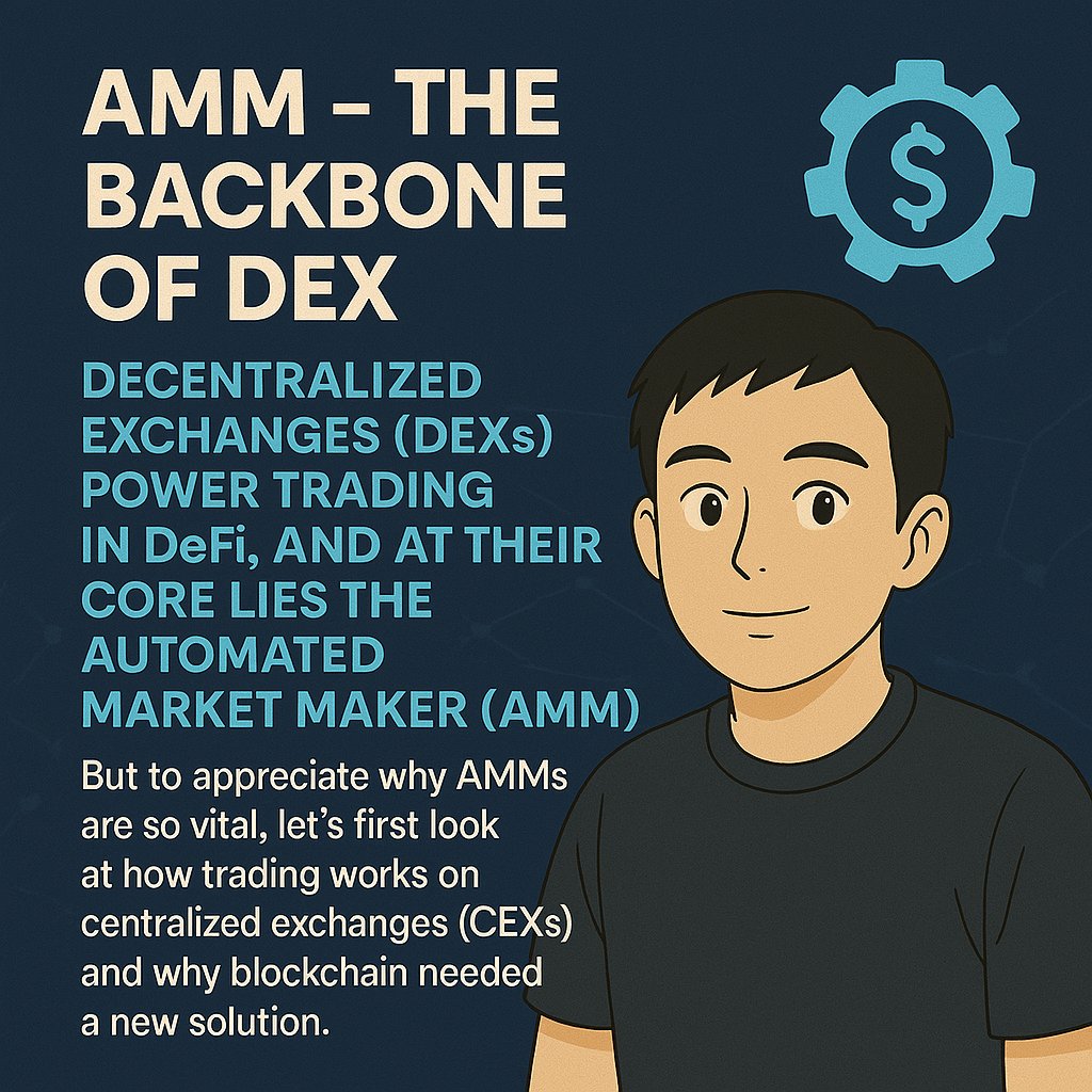 hansvuong's tweet photo. AMM - The Backbone of DEX
Decentralized Exchanges (DEXs) power trading in DeFi, and at their core lies the Automated Market Maker (AMM). But to appreciate why AMMs are so vital, let’s first look at how trading works on centralized exchanges (CEXs) and why blockchain needed a new solution.

Trading on CEX: The Orderbook System
On a centralized exchange like Binance or Coinbase, trading happens through an orderbook. Here’s how it works:

Buyers and sellers submit orders—e.g., “I’ll buy 1 ETH at $2,000” or “I’ll sell 1 ETH at $2,050.” The exchange matches these orders when prices align, executing the trade. But the most weakness is centralization: The exchange controls the orderbook, your funds, and the platform. If it fails, gets hacked, or freezes your account, you’re stuck. Additional,  KYC requirements and geographic restrictions limit access for many users.

Trading Solution for Blockchain: Automated Market Maker (AMM)

Blockchain’s decentralized nature demanded a trading system that doesn’t rely on a central authority. That’s where AMMs come in.

An Automated Market Maker (AMM) is a smart contract that replaces the orderbook with liquidity pools—shared pools of tokens funded by users called liquidity providers (LPs). Instead of matching buyers and sellers, AMMs let you trade directly with the pool, using a mathematical formula to set prices.

Key Idea: AMMs make trading decentralized, permissionless, and always available.

How It Fits Blockchain: No middleman, no downtime, and anyone with a wallet can trade or provide liquidity.

A Very Easy Explanation of AMM: Pools and Swaps
The Pool
Think of a liquidity pool as a big bucket holding two tokens, like ETH and USDC. LPs deposit equal values of both (e.g., 10 ETH and 20,000 USDC) to create the pool. The AMM uses a formula, typically x * y = k, where:
x = amount of ETH
y = amount of USDC
k = a constant (stays the same after every trade)
This formula ensures the pool’s total value remains balanced.

Swap Example
Let’s say the pool has 10 ETH and 20,000 USDC, so 10 * 20,000 = 200,000 (k). You want to swap 1 ETH for USDC:

You add 1 ETH to the pool → x becomes 11 ETH.

To keep k = 200,000, the formula adjusts: 11 * y = 200,000 → y = 200,000 / 11 ≈ 18,181.82 USDC.

The pool gives you the difference: 20,000 - 18,181.82 = 1,818.18 USDC.
Now the pool has 11 ETH and 18,181.82 USDC, and the price has shifted slightly for the next trader.
No buyers or sellers needed—just you, the pool, and some math!

Limitations of AMM
While AMMs revolutionized DeFi, they’re not flawless:
- Impermanent Loss: 
- Slippage:
- Capital Inefficiency: 
These challenges have sparked innovations like Concentrated Liquidity AMMs (CLAMMs), which optimize liquidity in specific price ranges. Curious? That’s the next keyword to explore!
Stay tuned for more on AMMs, CLAMMs, and DEX mechanics! #DeFi #DEX #AMM #CryptoEducation #TON #Blockchain