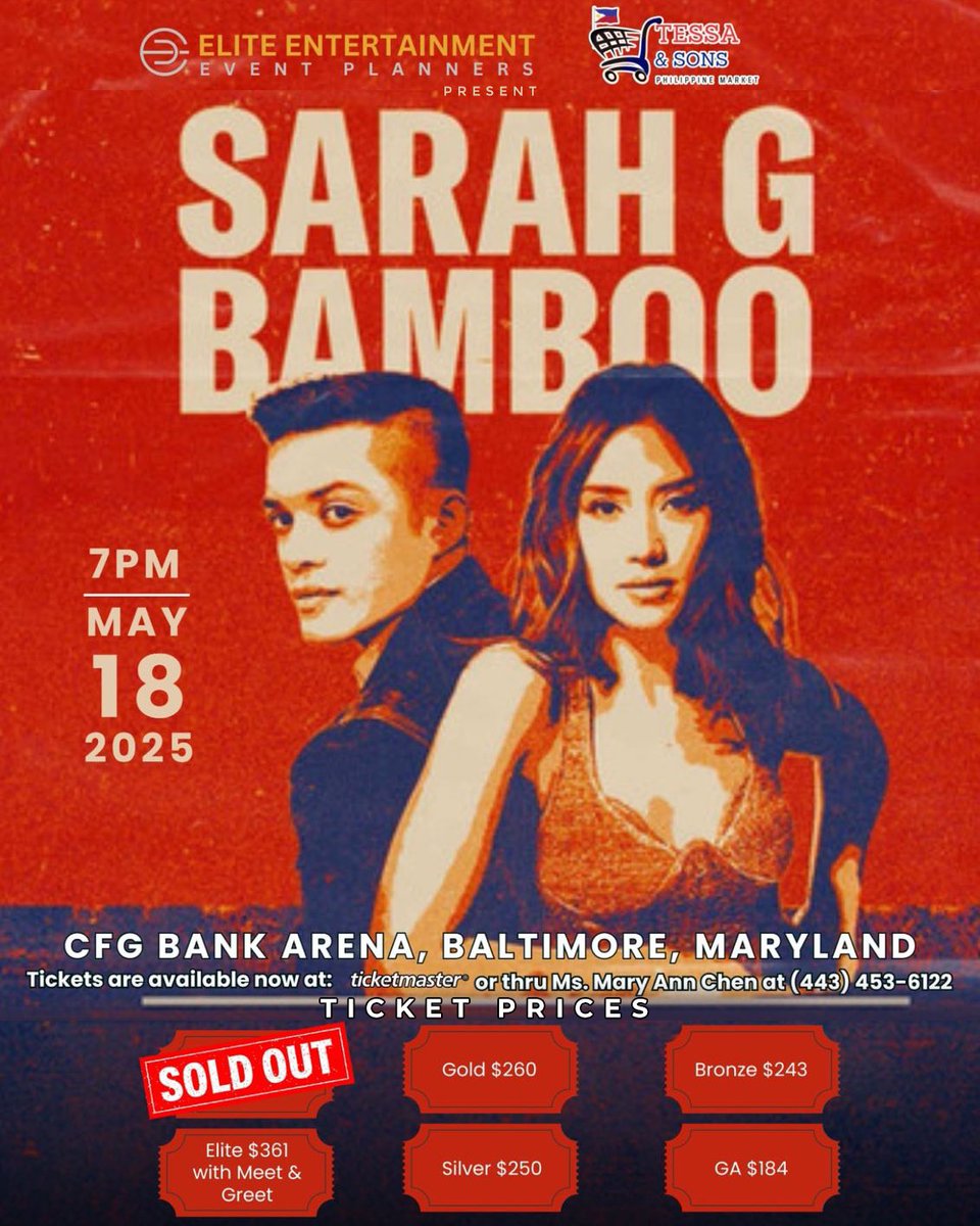 VIP TICKETS SOLD OUT!🔥 🚨📢
But the BIG news? ELITE TICKETS now come with a MEET &amp; GREET with Sarah G &amp; Bamboo!
📅  May 18 | Sun | 7Pm
📍 CFG Bank Arena, Baltimore, Maryland
🌍 Visit: ticketmaster.com

#SarahGeronimo #Bamboo #CFGBankArena #Baltimore #Maryland #berce