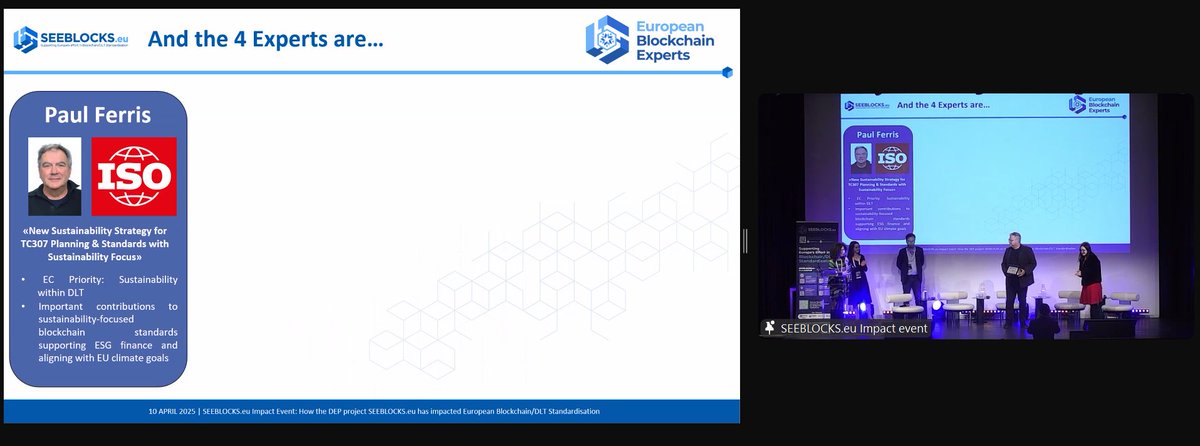 🏆 Our first #Expert is Paul Ferris, with "New Sustainability Strategy for TC307 Planning &amp; Standards with Sustainability Focus"!

Join the Ceremony: seeblocks.eu/events/seebloc…