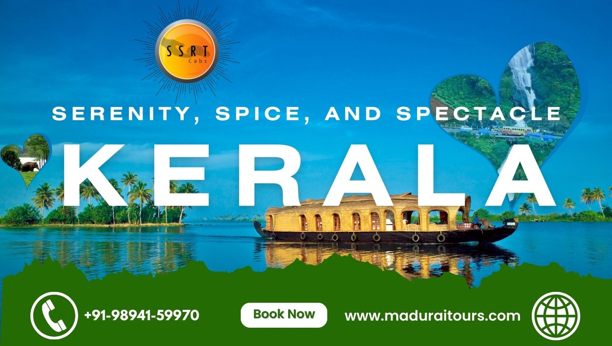 SSRTCABS's tweet image. Discover the soul of Kerala with SSRT Cabs – where houseboats float gently over palm-fringed backwaters and waterfalls dance down the hills of Munnar.
Plan your perfect escape today!
+91-98941-59970 
maduraitours.com
#KeralaTourPackage #SSRTCabs #MunnarDiaries