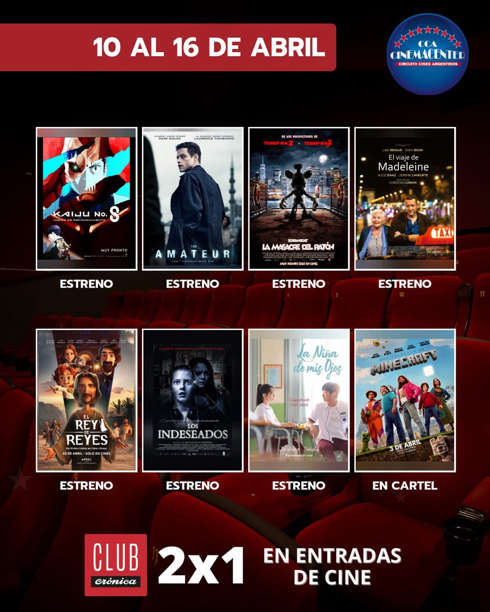 club_cronica's tweet image. 🎬 Ya te mostramos los estrenos de Cinemacenter…
Ahora te falta lo mejor: activar tu 2x1 en la App de Club Crónica.

¿Todavía no sos parte del Club de Todos?
📲Bajate la app, registrate gratis y empezá a ahorrar en cine, gastronomía, viajes ¡y mucho más!

#ClubCrónica #2x1 #Cine