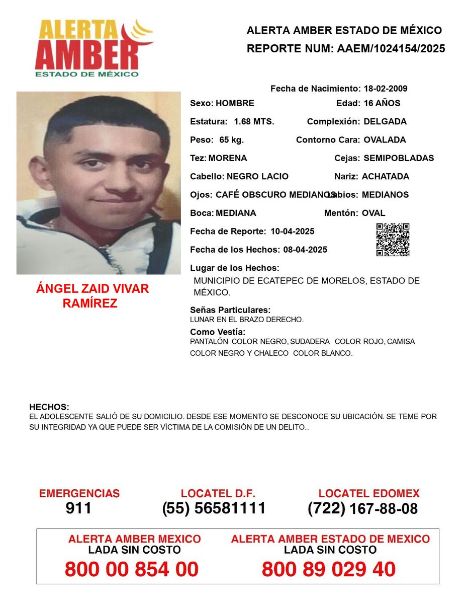 #AlertaAmber #Edomex 
ESTRELLA ABIGAIL C.T de 15 años, ÁNGEL ZAID V.R de 16 años, vistos el 08/04/25 en #Ecatepex ¿Los has visto? <a href="/LaAlamedaEdoMex/">La Alameda EdoMex</a> <a href="/juanmartinmx/">Juan Martin MX</a> <a href="/MarianaVMartin/">Mariana Villalvazo Martin</a> <a href="/AnaLiliaHerrera/">Ana Lilia Herrera</a> <a href="/gina_serrano/">Gina Serrano</a> <a href="/reyeslourdes/">Lourdes Reyes ®</a> <a href="/jlayoub/">José Luis Ayoub Pérez</a> <a href="/Armando_ZunigaS/">Armando Zúñiga</a> <a href="/SS_Edomex/">Secretaría de Seguridad del Estado de México</a> <a href="/Barbieroja/">Areli Rojas Rivera</a> <a href="/qtf/">Fernanda Familiar</a>