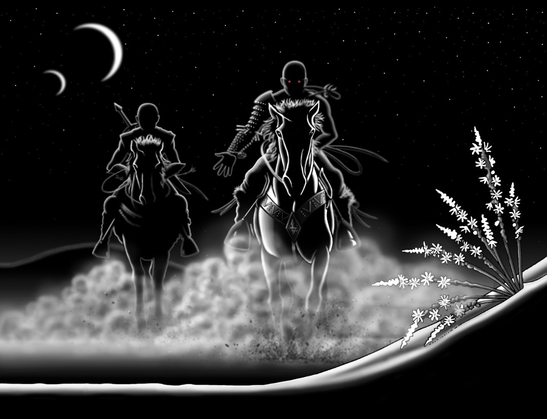 Aecentric's tweet photo. Wouldn't be a Dark Fantasy Western Horror without charging horses. The latest panel for INTERVENTION. 
#fantasy #western #horror #art https://t.co/2mCvAHwZuO
