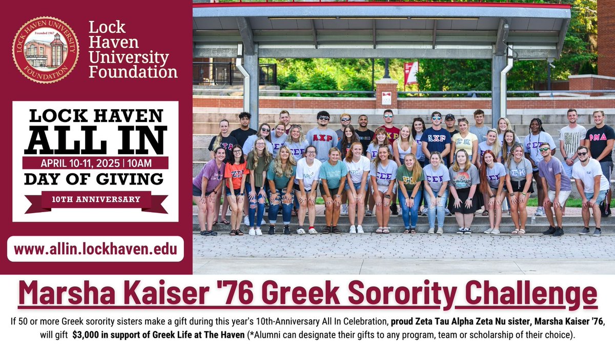 Marsha Kaiser '76 (Zeta Tau Alpha) is unlocking $3,000 for sorority support if 50 Greek sisters make a gift this All In.
You can give to ANY program, sport, or scholarship — and it counts! Give now at: allin.lockhaven.edu

#LHUALLIN #GiveToLHU #BaldEaglesForLife #HAVENPROUD