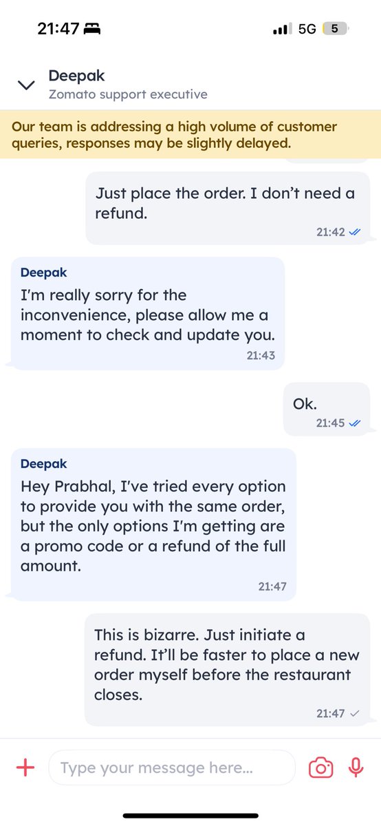 PrabalMuttoo's tweet photo. How does your system not allow for a replacement order?! @zomatocare this is bizarre. First you send me the wrong order then force down a refund or a promo code when I tell you I need the food! https://t.co/d4hpFuNVa4