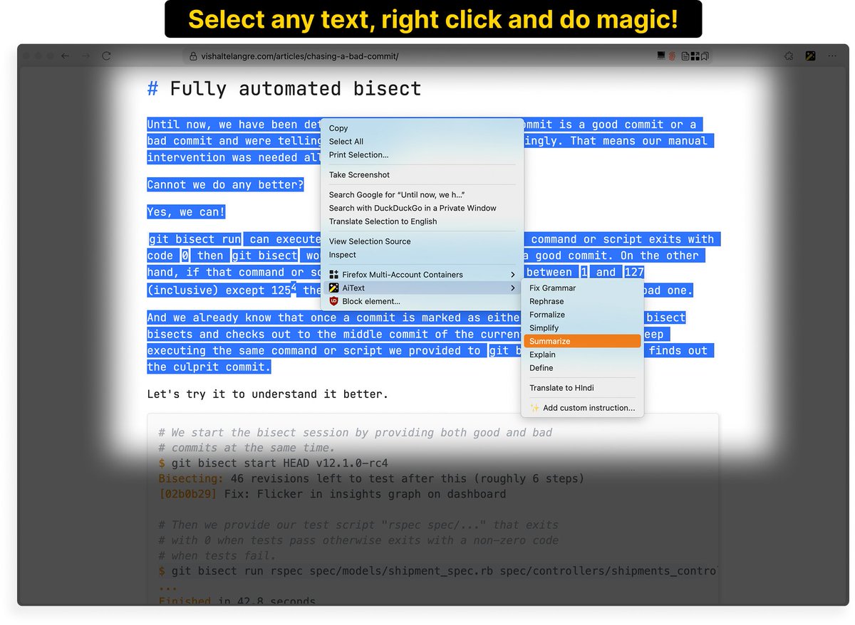 suruwat's tweet photo. Just open sourced: AiText!

A browser extension that allows you to use AI to do _literally_ anything with the selected text!

You can install it from Chrome web store and Firefox add-ons store, find links here: https://t.co/3itZ0Oz4AB. https://t.co/aFEetJcPmW