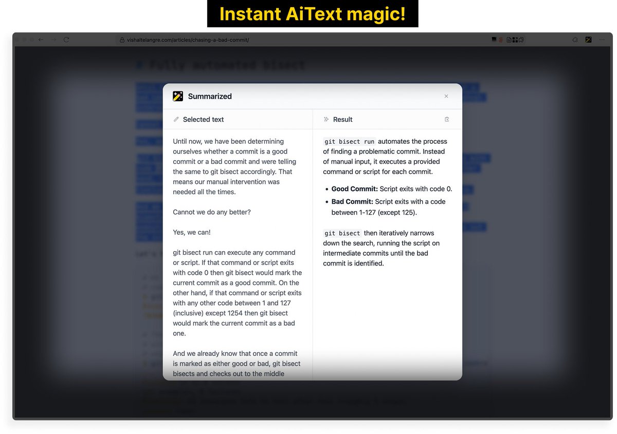 suruwat's tweet photo. Just open sourced: AiText!

A browser extension that allows you to use AI to do _literally_ anything with the selected text!

You can install it from Chrome web store and Firefox add-ons store, find links here: https://t.co/3itZ0Oz4AB. https://t.co/aFEetJcPmW