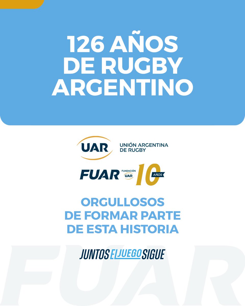 ¡Hoy celebramos los 126 años de la <a href="/unionargentina/">Unión Argentina de Rugby</a>!
Estamos orgullosos de formar parte de esta historia.

#LaUniónDeTodos 
Juntos, #ElJuegoSigue