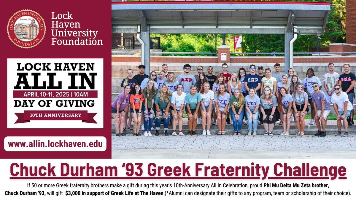 Chuck Durham '93 (Phi Mu Delta) is unlocking $3,000 for fraternity support if 50 Greek brothers make a gift this All In.
You can give to ANY program, sport, or scholarship — and it counts! Give now at: allin.lockhaven.edu

#LHUALLIN #GiveToLHU #BaldEaglesForLife #HAVENPROUD