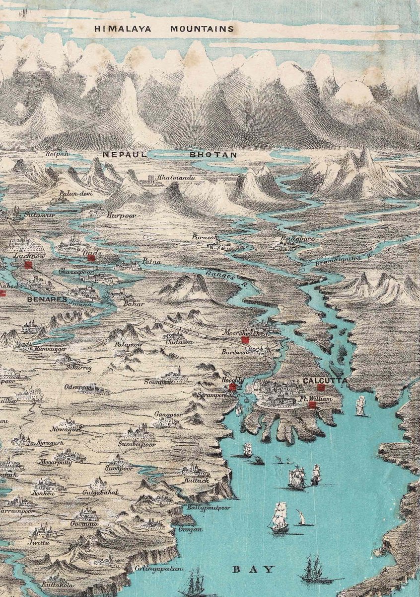 Abington's 1858 map of India presents a bird's-eye view, emphasizing regions and mountain ranges, especially the Himalayas with striking relief, creating a near three-dimensional effect. A table at the bottom lists distances between Calcutta, Bombay, Madras, and other key cities