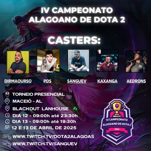 dirmaoURSO's tweet photo. Simplesmente os melhores narradores de Dota de todos os tempos juntos em um evento da comunidade alagoana!
Nos dias 12 e 13 de abril, o IV Campeonato Alagoano de Dota 2, em Maceió, com narração de:
@pdsdoto, @bernardo_vnery, @kaxangabr, @aedrons e @dirmaourso https://t.co/6pS5WrI2yf