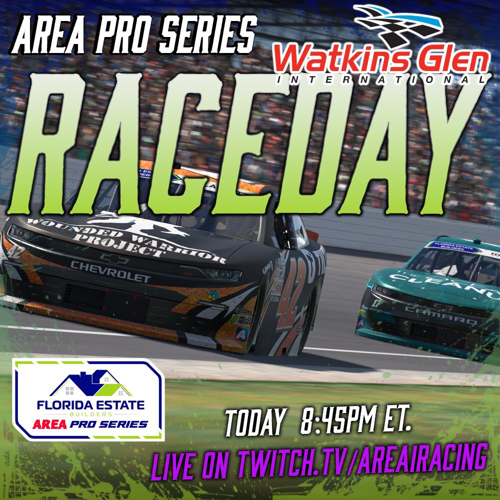 🟢 IT’S FLORIDA ESTATE BUILDERS AREA PRO SERIES RACE DAY!

We head to Watkins Glen for the first road course race of the season TONIGHT! Who heads into the Pro Series off week with some momentum? 👀 

⏰ 8:45pm ET
📺 youtube.com/live/6Me57mzsP…
📺 Twitch.tv/AREAiRacing