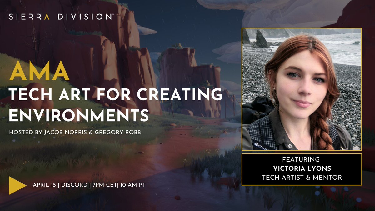 Curious to learn more about the  tech side of game art?  

Join us this coming Tuesday for a Discord AMA with Tech Artist and upcoming Mentor at Sierra Division, Victoria Lyons!  

Victoria has an extensive background in games, film, and mixed reality. Her experience spans from