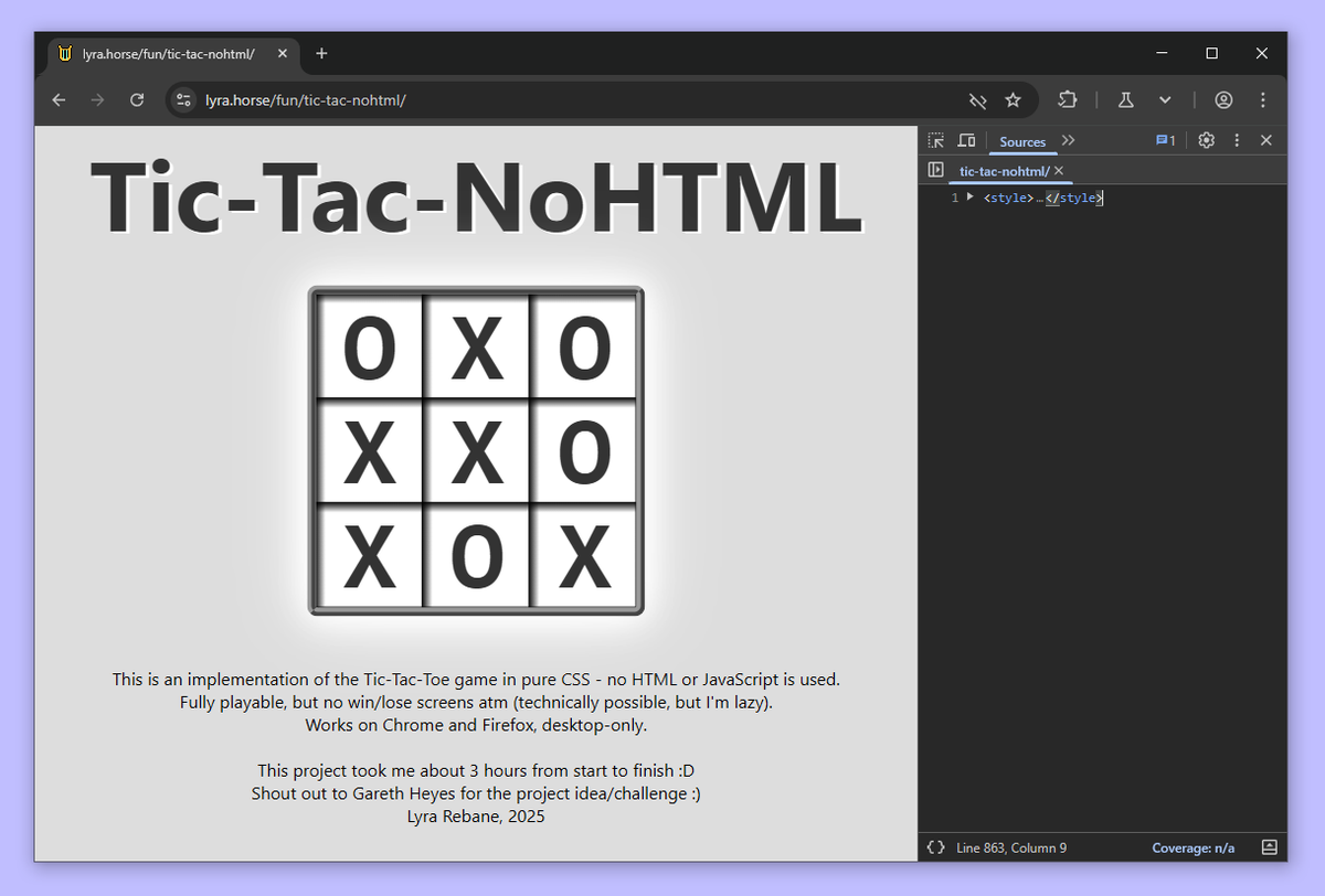 rebane2001's tweet photo. after seeing @garethheyes's post about making tic-tac-toe in just css (no js, no html), i decided to give it a shot too!

i ended up using a different approach involving custom properties and animations for state and mouse input, and it works pretty well!

https://t.co/lTBOURGLmT https://t.co/cOaaBDV8No