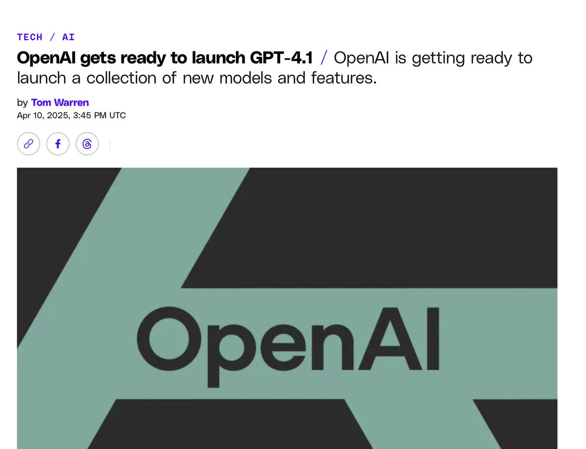 kimmonismus's tweet image. No way: we are getting GPT-4.1 today :D

"I’m expecting will be branded GPT-4.1, which one source describes as a revamped version of OpenAI’s GPT-4o multimodal model."