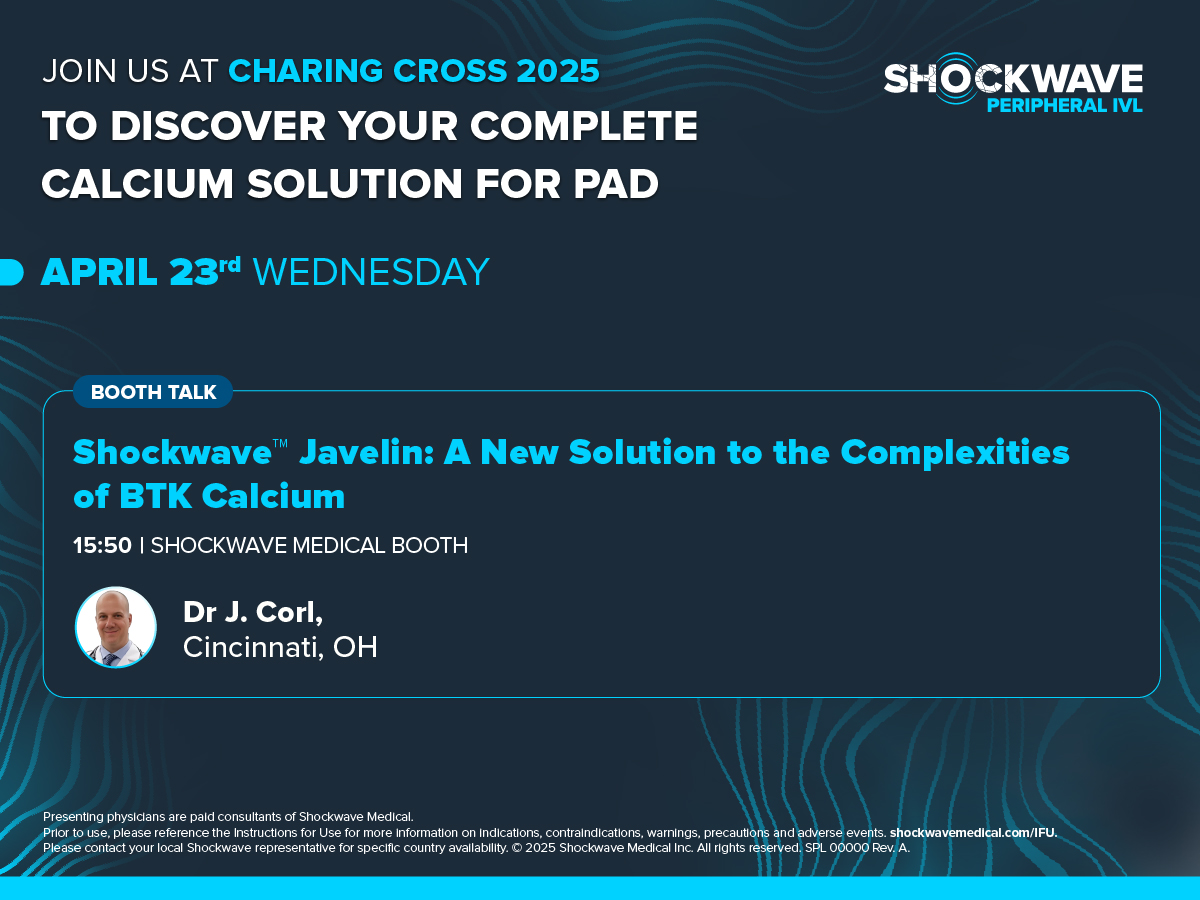 Shockwave Medical (@shockwaveivl) on Twitter photo Don’t miss this! Dr. J.D. Corl (<a href="/JDCorlMD/">J.D. Corl, MD, FACC, FSCAI</a>) will discuss his early experience with our newest technology during the <a href="/CXSymposium/">CX Symposium</a> 2025 booth talk, “#ShockwaveJavelin: A New Solution to the Complexities of BTK Calcium”. Put this talk on your calendar: addevent.com/event/fpnwkz4g…
US Rx Don’t miss this! Dr. J.D. Corl (<a href="/JDCorlMD/">J.D. Corl, MD, FACC, FSCAI</a>) will discuss his early experience with our newest technology during the <a href="/CXSymposium/">CX Symposium</a> 2025 booth talk, “#ShockwaveJavelin: A New Solution to the Complexities of BTK Calcium”. Put this talk on your calendar: addevent.com/event/fpnwkz4g…
US Rx