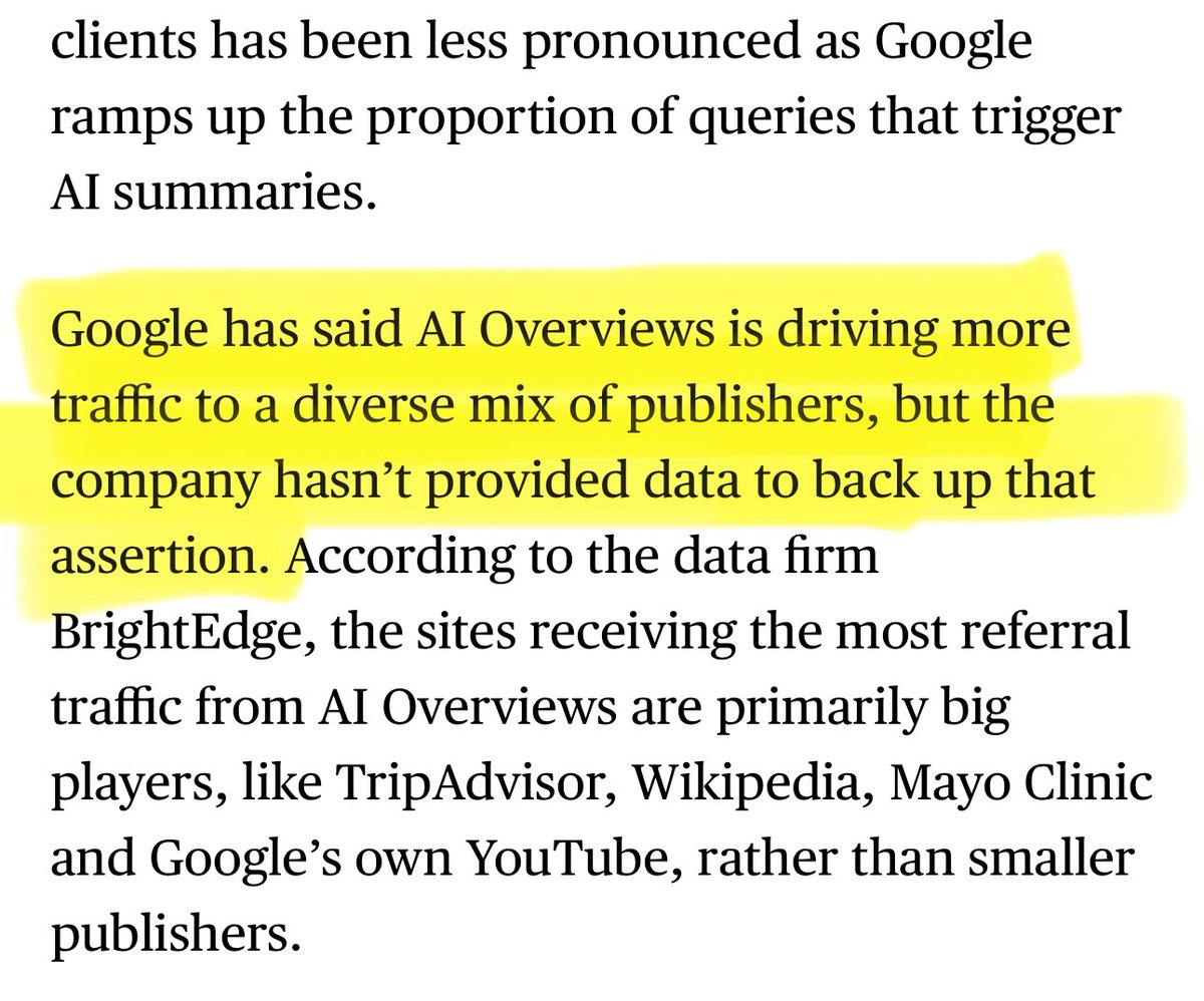 “The AI-generated answers have caused traffic to independent sites to plummet […] That’s disrupting a delicate symbiotic relationship that’s existed for years: if businesses create good content, Google sends them traffic.” ~ <a href="/daveyalba/">Davey Alba</a> <a href="/byJuliaLove/">Julia Love</a> 

🔗 bloomberg.com/news/articles/…