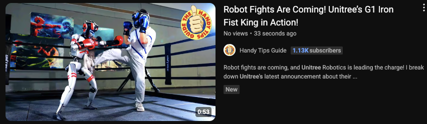HandyTipsGuide's tweet image. 🤖🥊🧔🏽♂️ Robot fights are coming! Unitree’s G1 Iron Fist King tournament begins soon.
#Unitree #Fighting #Boxing #HumanoidRobot #Robot #AI #IronFist