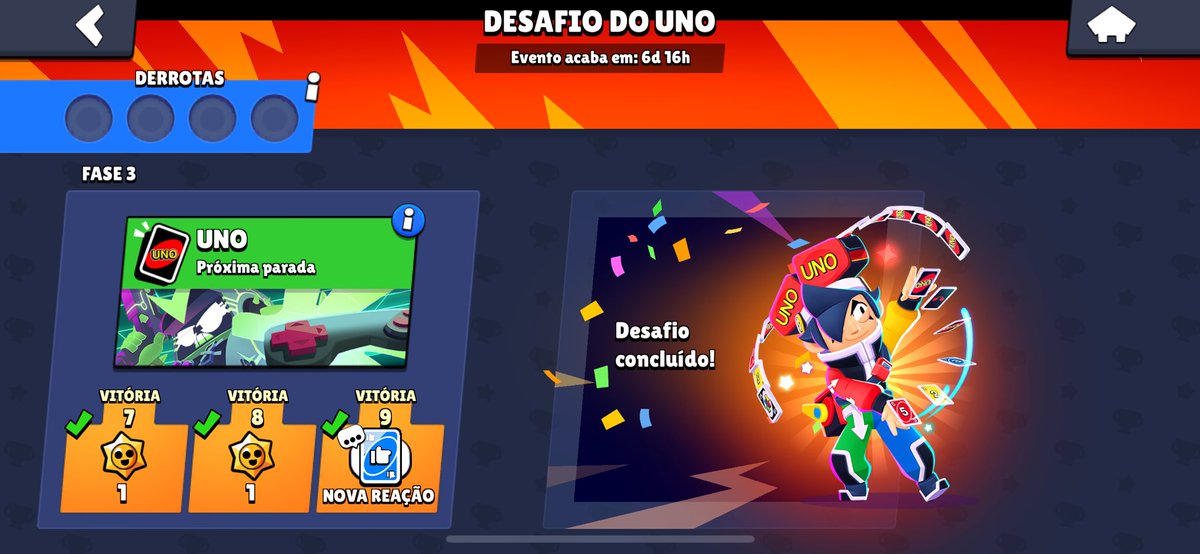 Bigodegmr's tweet photo. Desafio Finalizado sem nenhuma derrota! (Queria que as classificatórias do campeonato também fossem assim…) #BrawlStars #Uno https://t.co/MQTjmxbhbI