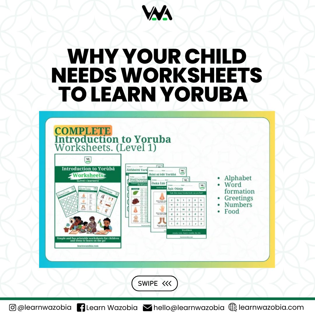 LearnWazobia's tweet photo. Worksheets make learning easy! Help your child learn Yoruba today with FREE LearnWazobia worksheets.

#LearnWazobia #Nigeriansindiaspora #Nigeriansinuk #Nigeriansincanada #Nigeriansinus #languagelearning #Yoruba https://t.co/IF9zzyAxVX