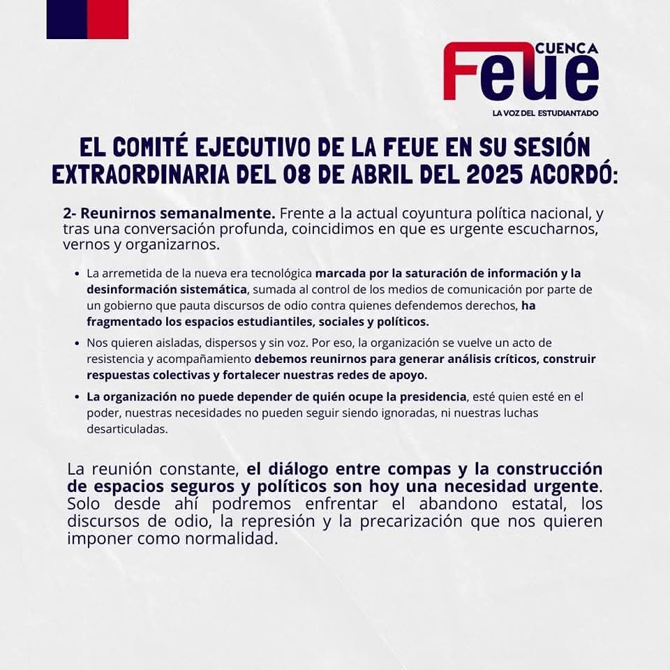 RComunitariosEc's tweet photo. 🙏🏽🆘🗣️ La #FEUE #Cuenca se PRONUNCIA.
"La Derecha de Daniel Noboa NO NOS REPRESENTA"

"En vez de estar resolviendo los problemas urgentes del país, el Gobierno de Daniel Noboa NOS HUNDE MÁS"

Resoluciones tomadas el 08 de abril 2025 EN EL MARCO DE #EleccionesEcuador2025 ⬇️ https://t.co/J8PdcYugJS