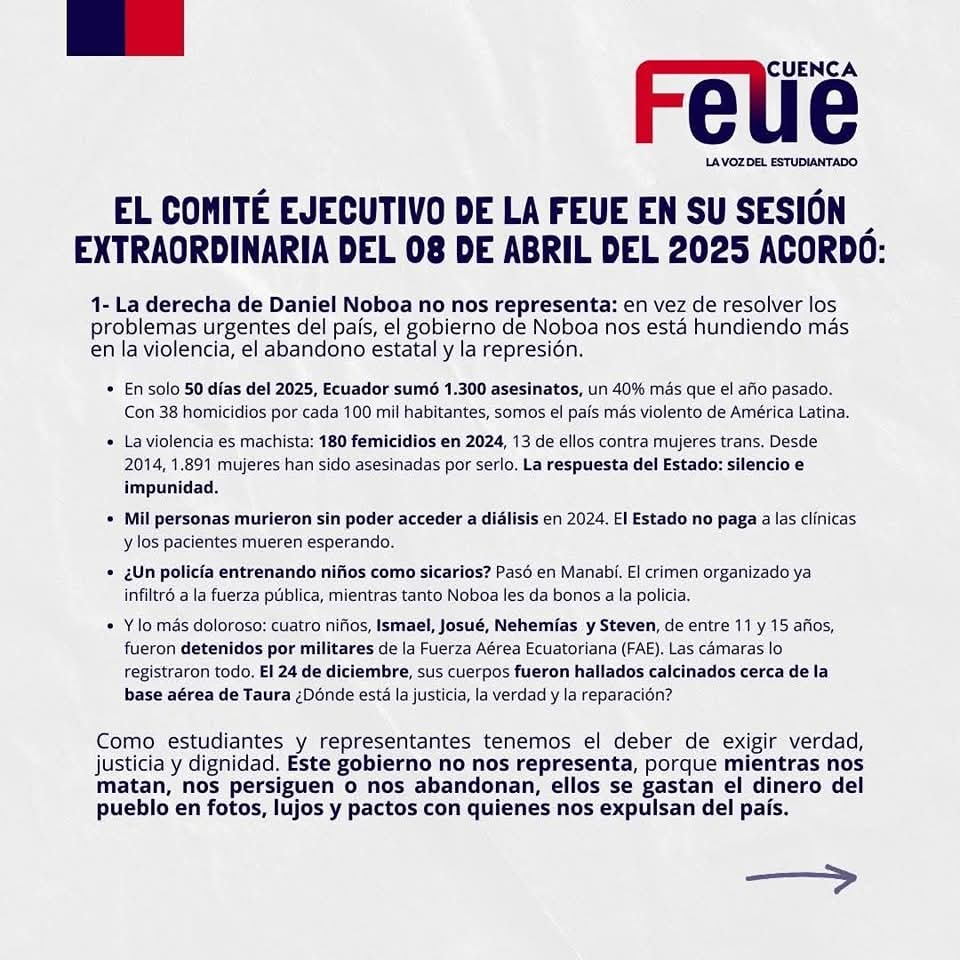 RComunitariosEc's tweet photo. 🙏🏽🆘🗣️ La #FEUE #Cuenca se PRONUNCIA.
"La Derecha de Daniel Noboa NO NOS REPRESENTA"

"En vez de estar resolviendo los problemas urgentes del país, el Gobierno de Daniel Noboa NOS HUNDE MÁS"

Resoluciones tomadas el 08 de abril 2025 EN EL MARCO DE #EleccionesEcuador2025 ⬇️ https://t.co/J8PdcYugJS