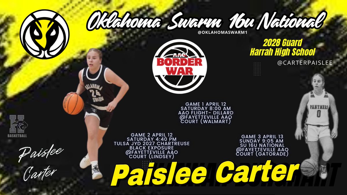 Harrah Lady Panthers Basketball (@harrahwbb) on Twitter photo Lady Panthers Paislee Carter <a href="/CarterPaislee/">Paislee Carter 2028</a> hits the road this weekend to Border War in Arkansas <a href="/Borderwar1/">Borderwar Tourney</a> Good luck Check her out
<a href="/coachjvick1/">Coachjvick (new)</a> <a href="/PGHOklahoma/">Prep Girls Hoops Oklahoma</a> <a href="/abovelinehoops/">Abovethelinehoops</a> <a href="/OklahomaSwarm1/">OK Swarm HS Girls</a> Lady Panthers Paislee Carter <a href="/CarterPaislee/">Paislee Carter 2028</a> hits the road this weekend to Border War in Arkansas <a href="/Borderwar1/">Borderwar Tourney</a> Good luck Check her out
<a href="/coachjvick1/">Coachjvick (new)</a> <a href="/PGHOklahoma/">Prep Girls Hoops Oklahoma</a> <a href="/abovelinehoops/">Abovethelinehoops</a> <a href="/OklahomaSwarm1/">OK Swarm HS Girls</a>