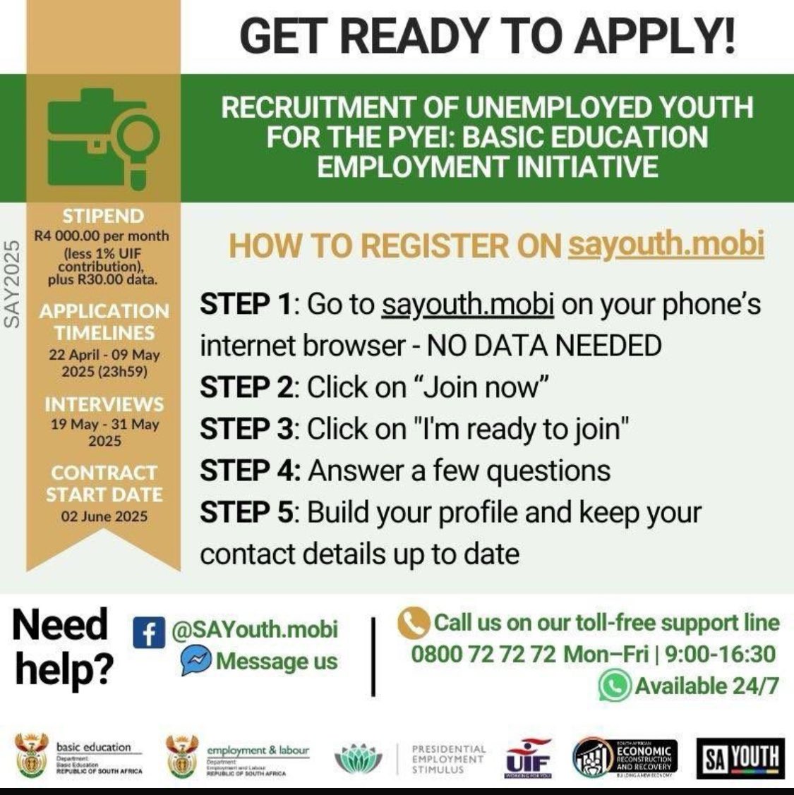 GET READY TO APPLY‼️‼️

Recruitment of unemployed youth for the PYEI: 

See poster for more details.