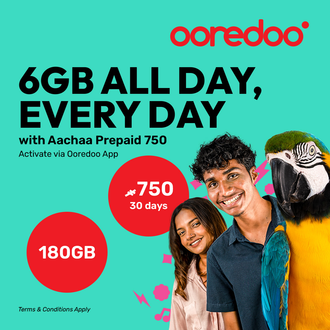 🌟#AachaaPrepaid Limited Time offer!

✨Get 180GB Data &amp; Unlimited Ooredoo Calls for the whole month for just MVR 750.
✨6GB Regular Data everyday

Activate 👉 ore.do/aacha750
