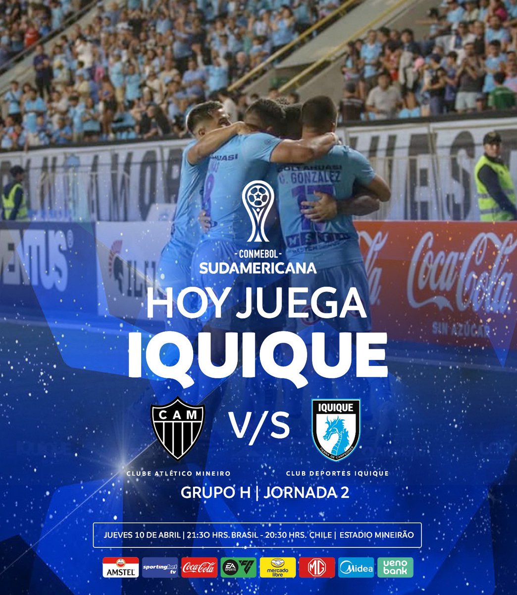 🐲 ¡Buen día, celestes! ¡HOY JUEGA IQUIQUE!

El camino en la Fase de Grupos de la CONMEBOL Sudamericana nos trae a Belo Horizonte donde enfrentaremos a Atlético Mineiro desde las 20:30 horas de Chile. ¡Vamos con todo! 💪🏼

#VamosDragones🐲