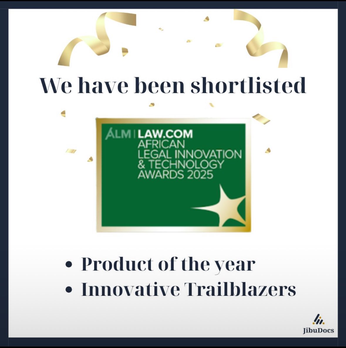 JibuDocs's tweet photo. ✨ Breaking news! @JibuDocs (a product of 637 Capital) and the team have been shortlisted for the 2025 ALM | https://t.co/ezxgEJt35o International African Legal Innovation &amp; Technology Awards in two categories! https://t.co/UIrBuuw1gX