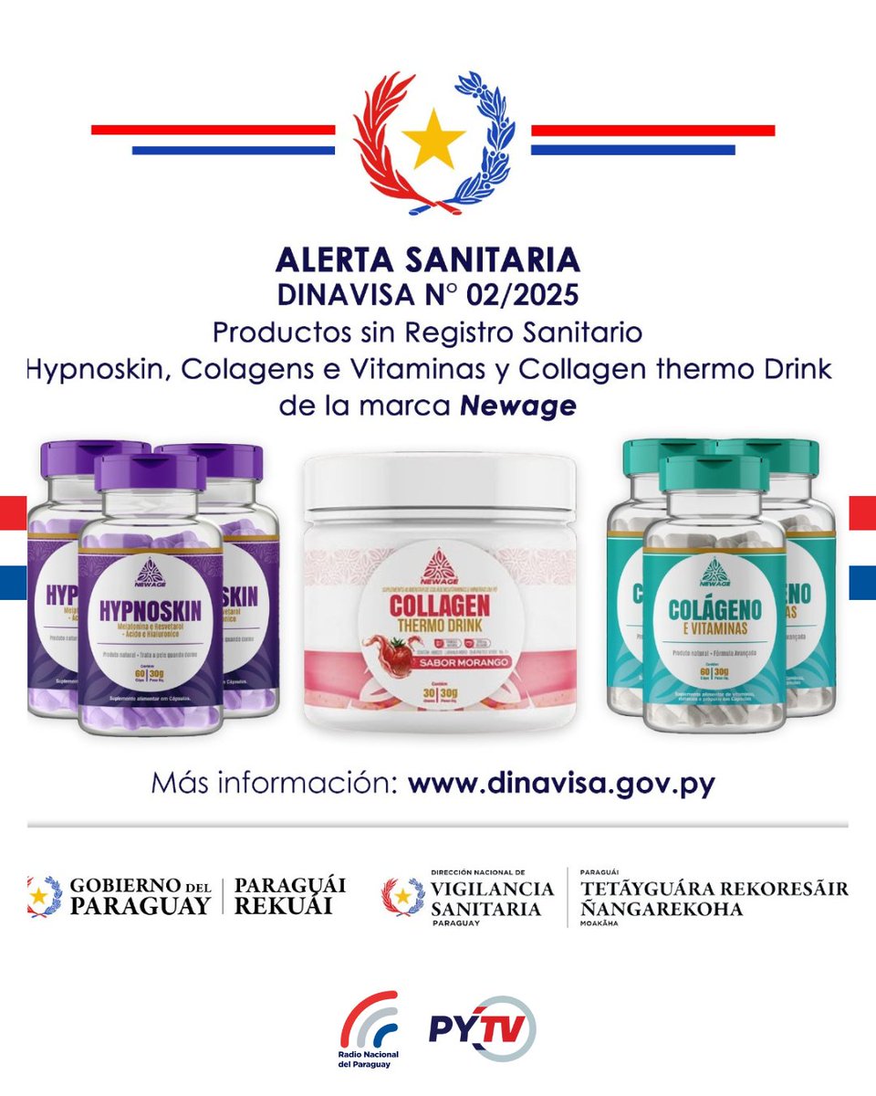 ⚠️ <a href="/DINAVISApy/">Dirección Nacional de Vigilancia Sanitaria</a>   informa la comercialización y promoción ilegal de los productos: ▶Hypnoskin, Colagens e Vitaminas, Collagen thermo Drink de la marca "Newage", en redes sociales.

▶Los mismos carecen de la autorización sanitaria que respalde su seguridad y eficacia.