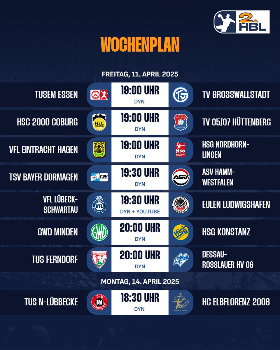 Diese Woche gibt es in der 2. HBL die geballte Ladung Handball-Action am Freitagabend so wie ein weiteres Duell am Montagabend 🧨🙌  Welche Partie lasst ihr euch nicht entgehen❓😍
——————
Alle Spiele der 2. HBL live und auf Abruf bei <a href="/dynsport/">Dyn Media</a> 👉 Link in der Bio 📺