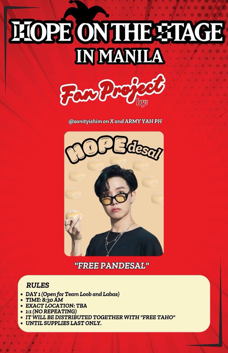happyv17us's tweet photo. #TheHOPEproject is still kicking, thanks to our generous sponsors❤️‍🔥

 #HOPE_ON_THE_STAGE_TOUR_Manila FAN PROJECT.

DAY 1&amp;2:  #taHOPEEEEEEE 
Day 1:  #HOPEdesal 
Day 2: #HOPEya 

Kindly check all the details in the pubmat below. 

BIG THANKS @armyyahph &amp; @BangtanFreebies  ADMINS🫶🏻 https://t.co/b4hoefDAxz