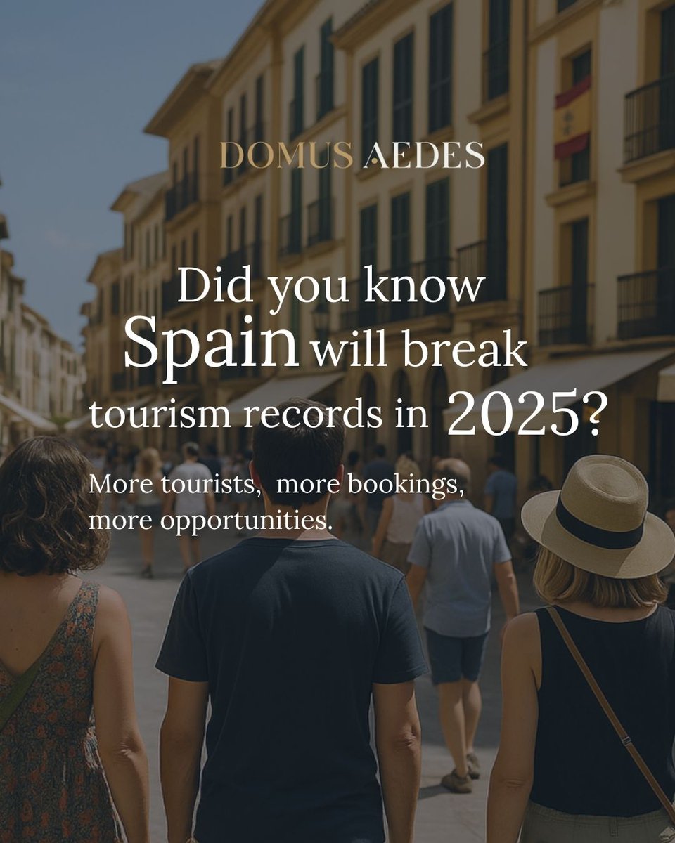 DomusAedes's tweet photo. Spain is set to break tourism records in 2025
But not every property is ready to benefit.

At Domus Aedes, we turn your property into a luxury brand—ready for premium bookings.

🔍 Request your free property analysis and discover your true monthly potential. https://t.co/Ma1tUCBZxC