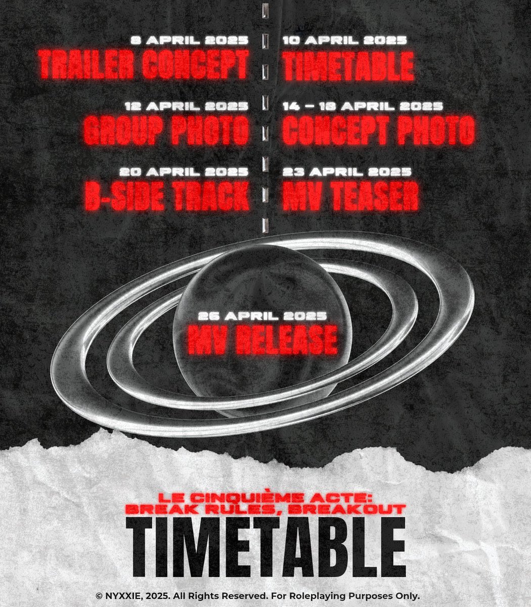 ㅤㅤ
 
NYXXIE DIGITAL SINGLE ALBUM 
𝙇𝙀 𝘾𝙄𝙉𝙌𝙐𝙄𝙀̀𝙈𝙀 𝘼𝘾𝙏𝙀 :
⛓️ 𝗕𝙍𝙀𝘼𝙆 𝗥𝙐𝙇𝙀𝙎, 𝘽𝙍𝙀𝘼𝗞 𝙊𝙐𝗧 ! ⛓️

Are you 𝘙𝘌𝘈𝘋𝘠 to 𝘿𝘼𝙎𝙃 ?

𝖳𝖨𝖬𝖤𝖳𝖠𝖡𝖫𝖤      ❦      1O • O4 • 2O25 
#NYXXIE #BREAKRULES_BREAKOUT 

ㅤㅤ