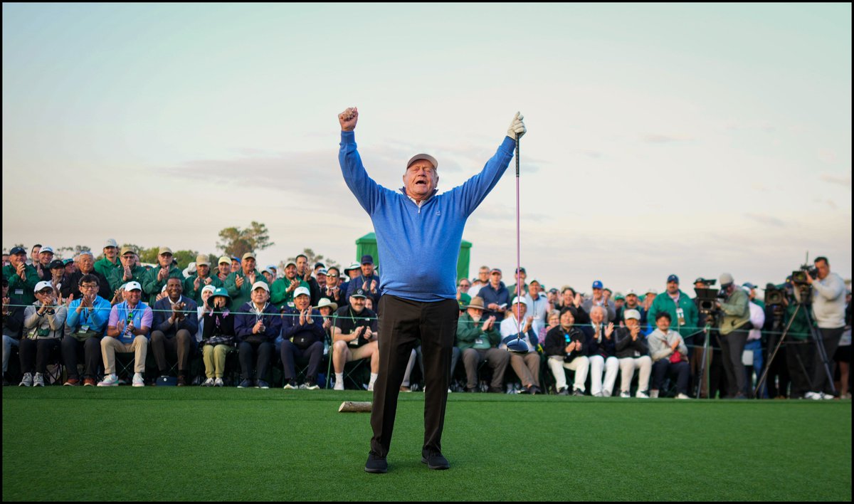 Honorary starter and six time Masters champion Jack Nicklaus reacts after hitting off the first tee to start the 2025 Masters Tournament at the Augusta National, in Augusta, Ga. #Masters