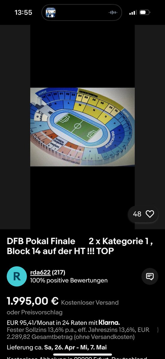 thisisnicky1893's tweet photo. @DFB @DFBPokal_EN die Tickets sind seit nicht mal zwei Stunden ausverkauft und man findet schon solche Angebote auf #eBay und #viagogo
Warum wird sowas nicht unterbunden?! Tausende echte Fans gehen wegen solchen Schwarzmarkthändlern leer aus! #DFBPokal #dfbfinale #VfB @VfB https://t.co/dNHBAu91aX