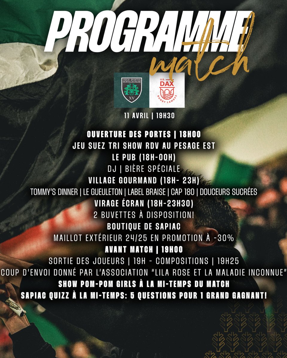 UsmSapiacRugby's tweet photo. 𝐃𝐄𝐌𝐀𝐍𝐃𝐄𝐙 𝐋𝐄 𝐏𝐑𝐎𝐆𝐑𝐀𝐌𝐌𝐄 🗞️
Jeu SUEZ Tri Show au Pesage EST ♻️
Tous en Tribunes pour la compo des Vert & Noir à 19h25 🟢⚫️
Coup d'envoi donné par l'association "Lila Rose et la maladie inconnue"
Sapiac Quizz à la mi-temps❓
#USMCAB https://t.co/ze9T4UH1cF