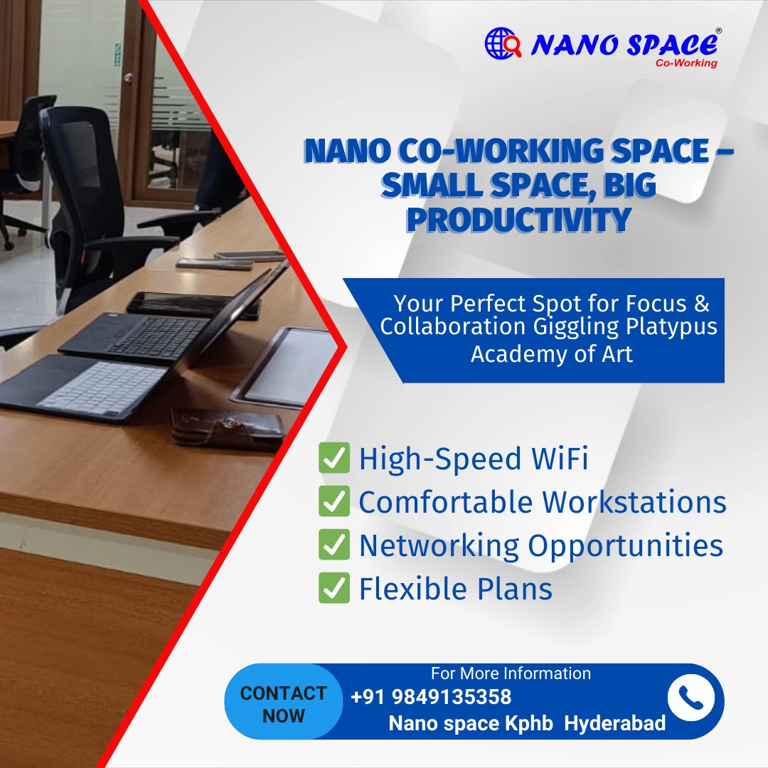nanospacehyd's tweet photo. Find your perfect workspace at Nano Space Co-Working! 🚀 High-speed WiFi, comfy workstations, flexible plans, and great networking at KPHB, Hyderabad.

#NanoSpace #CoworkingSpace #HyderabadCoworking #ProductivityHub #WorkFromAnywhere #StartupSpace https://t.co/Ce2u4V5wQG