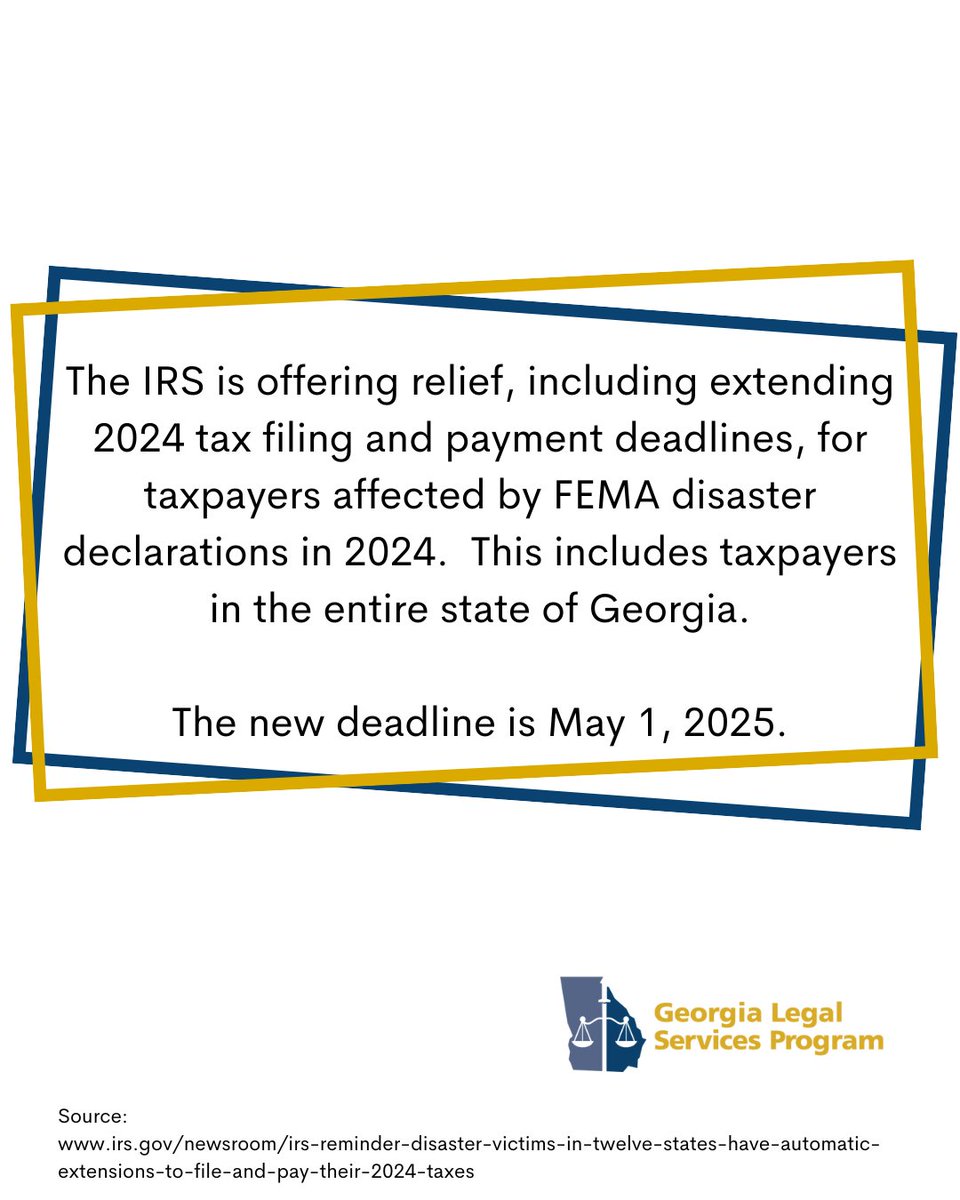 Taxpayers in Georgia now have until May 1, 2025, to file various state and federal individual tax returns and make tax payments. For more information visit:

irs.gov/newsroom/irs-r…