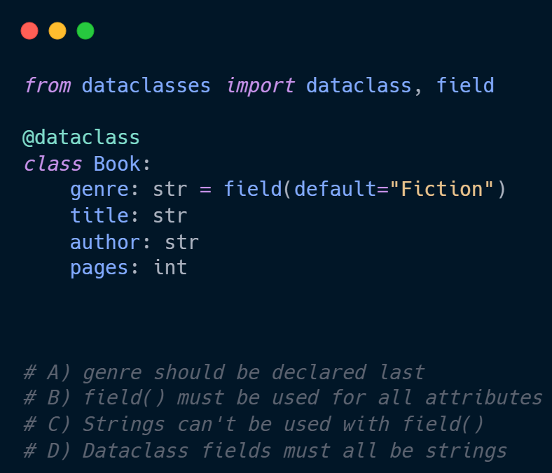Python__Task's tweet image. Can you spot the error in this dataclass code? 
🐍

💬 Reply with your answer and why!
👇 Let&apos;s see who gets it right!

#Python #PythonCode #PythonTips #Coding #Programming #CodeNewbie #100DaysOfCode
