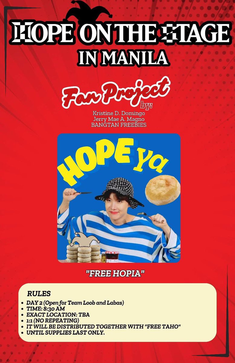 BangtanFreebies's tweet photo. #TheHOPEproject is still kicking, thanks to our generous sponsors❤️‍🔥

 #HOPE_ON_THE_STAGE_TOUR_Manila FAN PROJECT.

DAY 1&amp;2:  #taHOPEEEEEEE 
Day 1:  #HOPEdesal 
Day 2: #HOPEya 

Kindly check all the details in the pubmat below. 

THANK YOU @armyyahph &amp; @BangtanFreebies  ADMINS 🫶🏻 https://t.co/G2T619VwMt