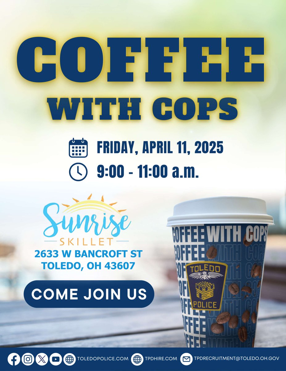 Toledo_PD's tweet photo. Tomorrow is the day!
Come chat with #ToledoPolice officers—no agendas, just good conversation. See you there!☕🚔👮🏼
#ToledoPolice #SunriseSkillet #CoffeeWithCops #Toledo https://t.co/hjyPrioAjh