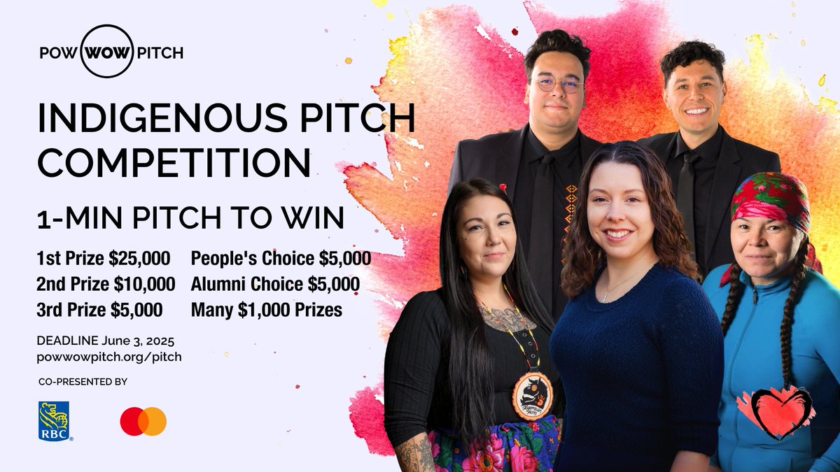 🌟 Announcing the 2025 Pow Wow Pitch Competition! 
🎉Calling all Indigenous entrepreneurs across Turtle Island! We are back for our 10th YEAR and offering over $100,000 in cash prizes! 
❤️ Deadline is June 3rd, submit your pitch now at ow.ly/yUX150VxGeK!