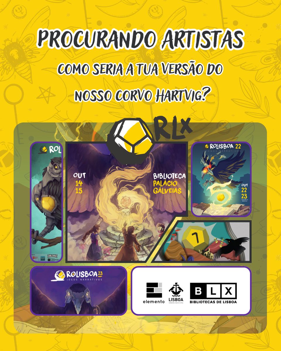 🎨TOCA A ACORDAR ARTISTAS🎨

Chegou a altura do ano em que temos de escolher a nova versão do nosso corvo -- queres ser tu fazê-la?

Para mais informações manda um email para geral@rolisboa.pt com assunto "Poster Rolisboa25" e com um link para o teu portfolio.

#rolisboa #rlx
