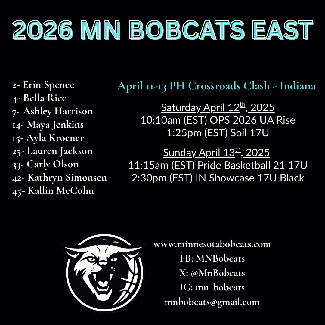 MNBobcats (@mnbobcats) on Twitter photo Going to be a great weekend <a href="/PGHCircuit/">Prep Girls Hoops Circuit 🏀</a> crossroads clash-Indiana. Next level talent on this team! Come check us out. <a href="/PGHIndiana/">Prep Girls Hoops Indiana</a> #StrongerTogether #RollCats Going to be a great weekend <a href="/PGHCircuit/">Prep Girls Hoops Circuit 🏀</a> crossroads clash-Indiana. Next level talent on this team! Come check us out. <a href="/PGHIndiana/">Prep Girls Hoops Indiana</a> #StrongerTogether #RollCats