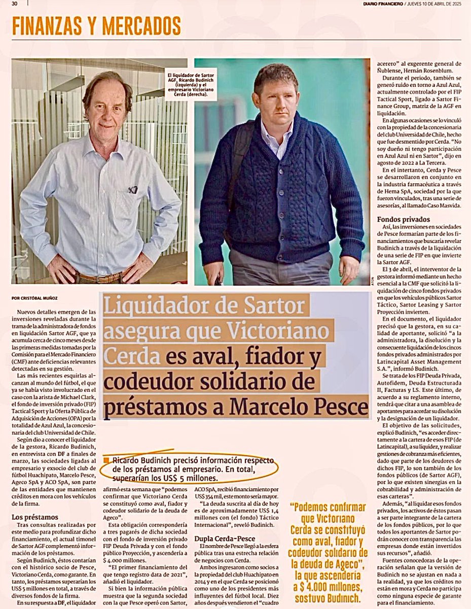 FernandoAgustin's tweet photo. URGENTE. Informa el @DFinanciero que el liquidador de Sartor asegura que VICTORIANO CERDA es el aval, fiador, codeudar de los préstamos de SARTOR a MARCELO PESCE. Los montos superaran los  US$5 millones. #CadaVezMásCercaDeLaVerdad #AzulAzul #MichaelClark https://t.co/QRWpaZMtem