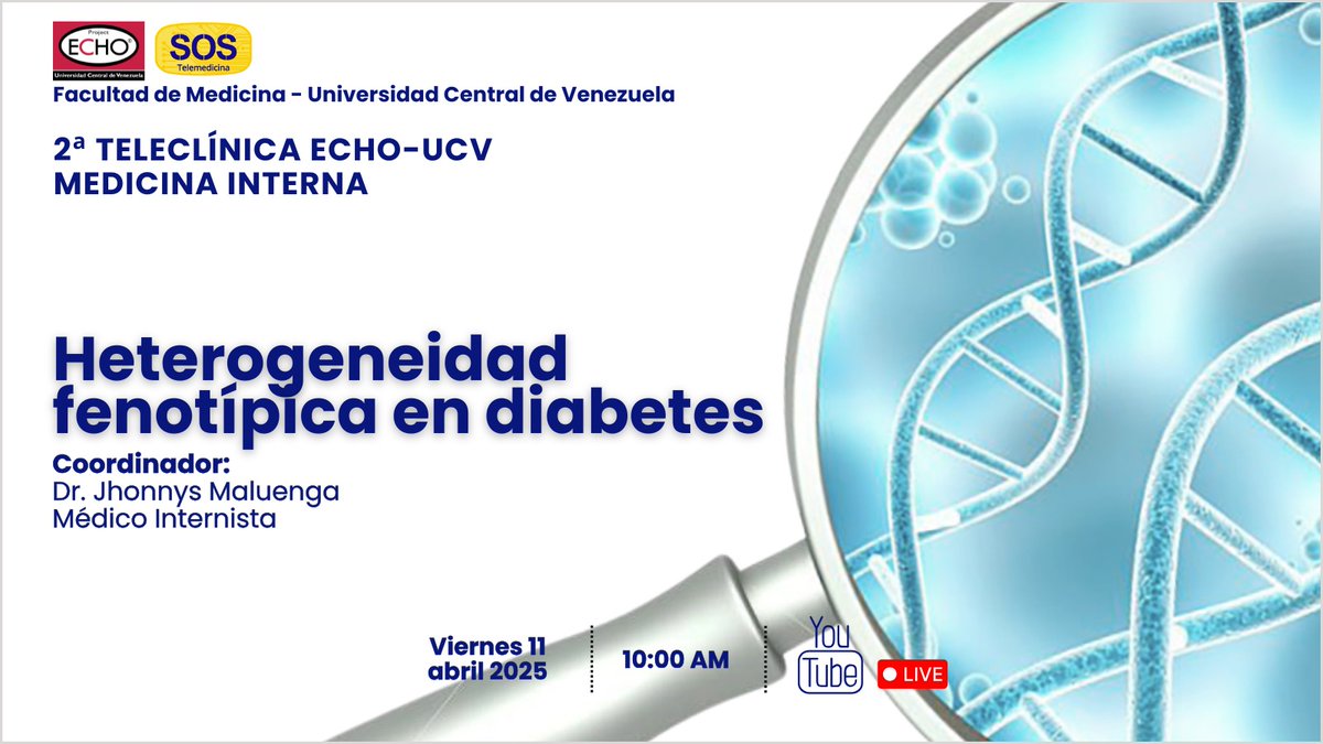 SOSTelemedicina's tweet photo. #11Abril
Se invita a participar en la 2° Teleclínica ECHO "Medicina Interna”
Tópico del mes: Heterogeneidad fenotipica en diabetes
#UCV #FacultadDeMedicina #SOSTelemedicina #ProyectoECHOUCV #CasosClínicos #IMT https://t.co/V2VkrVCQ9d