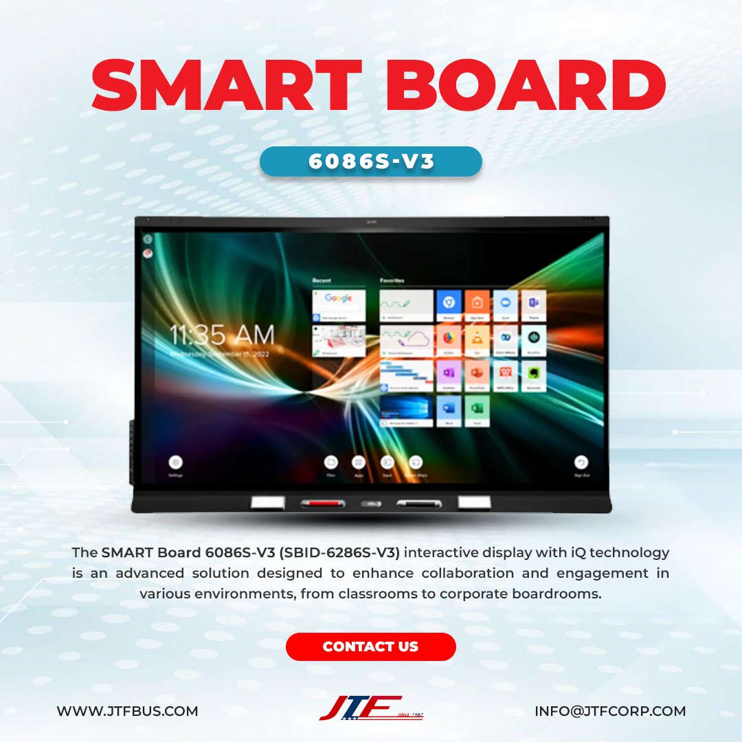 JTFBusiness's tweet photo. Smart Board 6086S-V3 is a modern interactive whiteboard that makes learning, teaching, and business meetings more fun and effective. It has a large 86-inch touchscreen that works like a tablet but on a bigger scale. #smartboard #smartboard6086SV3 https://t.co/bg9u7WvCmJ